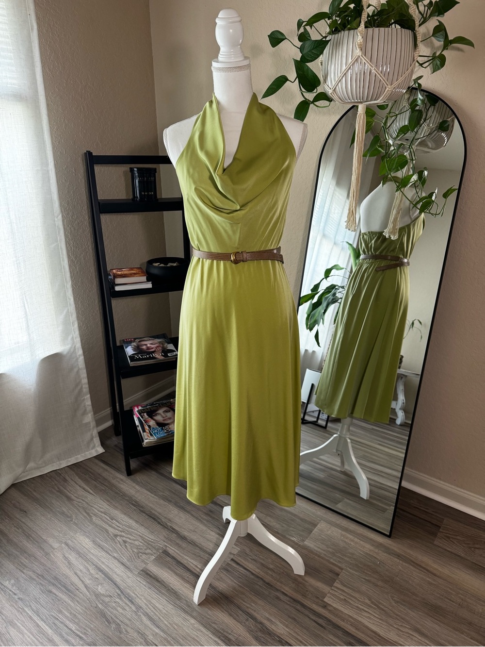 Donna Karan Olive Green Halter Cowl Midi Dress (Belt not included)